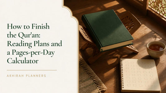 How to finish the Quran: closed mushaf on a wooden stand with a reading tracker notebook