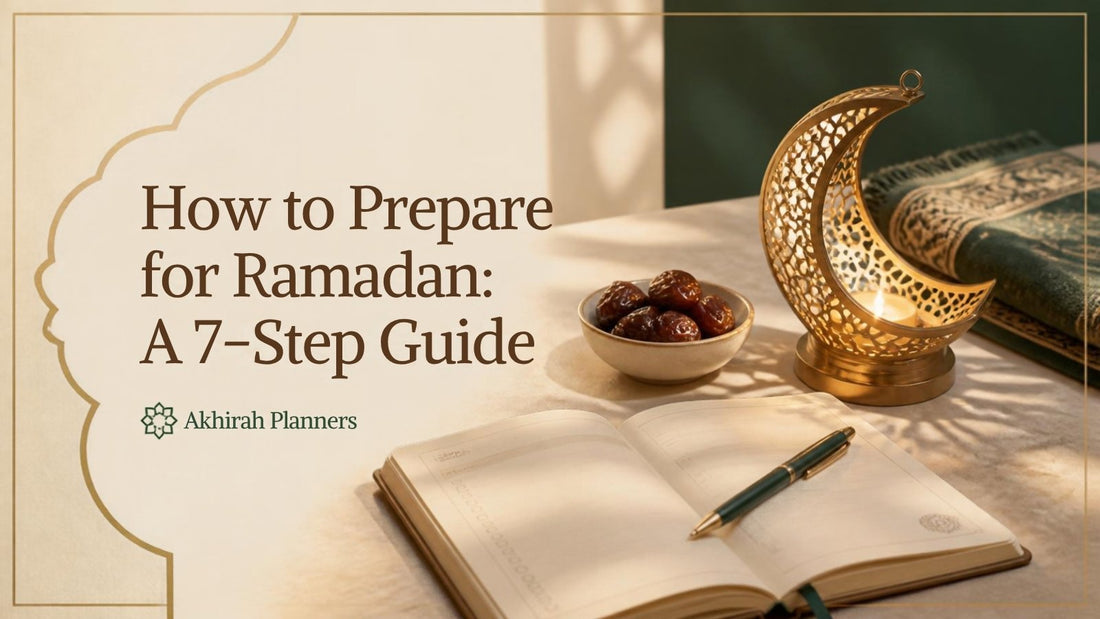 How to prepare for Ramadan: lantern, dates and an open Ramadan planner on a table
