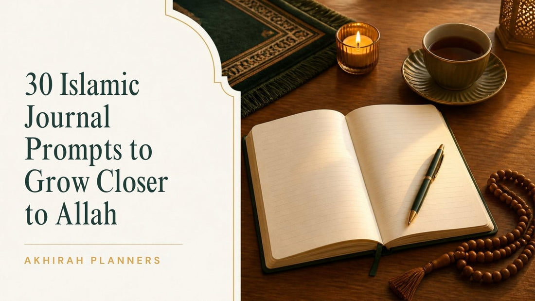 Islamic journal prompts: open journal, tea, candle and prayer beads on a wooden desk in the evening