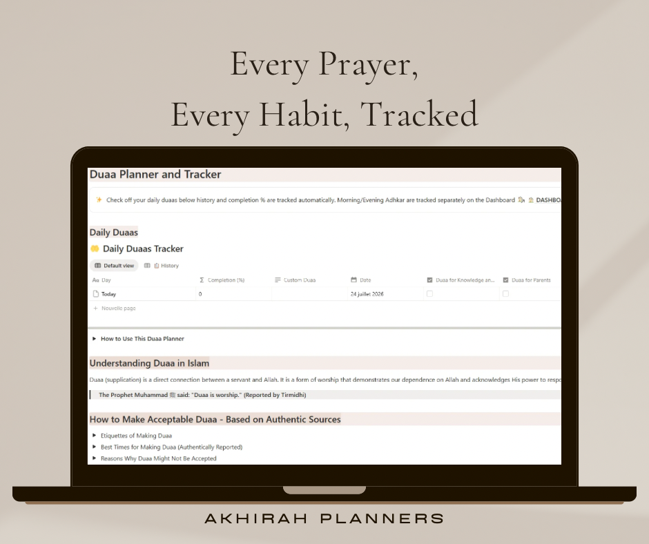 Muslim planner Notion template preview – duaa journal, hadith journal and Islamic reflection pages