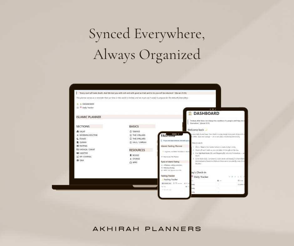 Islamic Notion planner preview – Muslim daily dashboard with salah tracker and Quran tracker